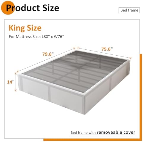 Maenizi 14 Inch King Size Bed Frame with White Fabric Cover, Heavy Duty King Platform Bed Frame Support Up to 3000 lbs, No Box Spring Needed, Easy Assembly, Noise Free, Black