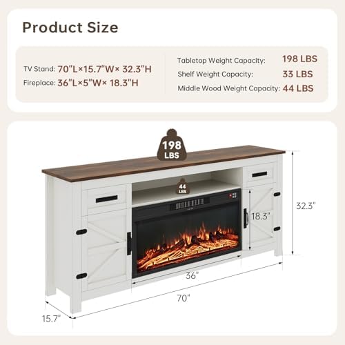 Fireplace TV Stand with Barn Door, 70 inch,White&Black