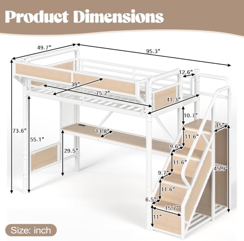 KEIKI Twin Size Metal Loft Bed Frame with Storage Staircase, Desk, White