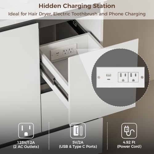IRONCK 30-Inch Bathroom Vanity with Ceramic Sink, Modern (White) | Power Outlet | Freestanding | Divided storage | Hiddle Handle | Soft-Close Hinges