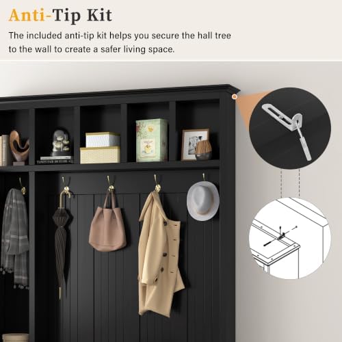 RuiSiSi Hall Tree with Bench and Shoe Storage, 5-in-1 Entryway Coat Rack with Drawer and Storage Cabinet, Antique Black