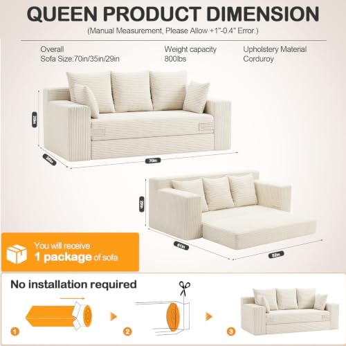 Oversize Loveseat Boneless Convertible Sofa Bed, Folding Floor Futon Sleeper Sofa Queen Size Couch Bed- Boneless Foldable Couch, Corduroy Pull Out Sofa Bed with 5 Pillows for Living Room & Bedroom