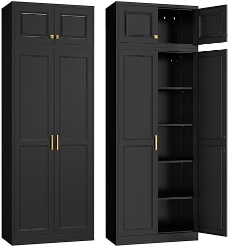 Steeloong 86"Metal Pantry Storage Cabinet with Doors & 4 Adjustable Shelves | Kitchen Pantry Cabinet,Black Kitchen Cabinet with 4 Gold Handles,Tall Cabinet for Livingroom,Pantry, Bathroom,Kitchen,Garage