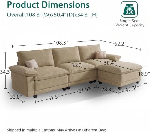 108" Modular Sectional Couch, L Shaped Cloud Sofa for Living Room