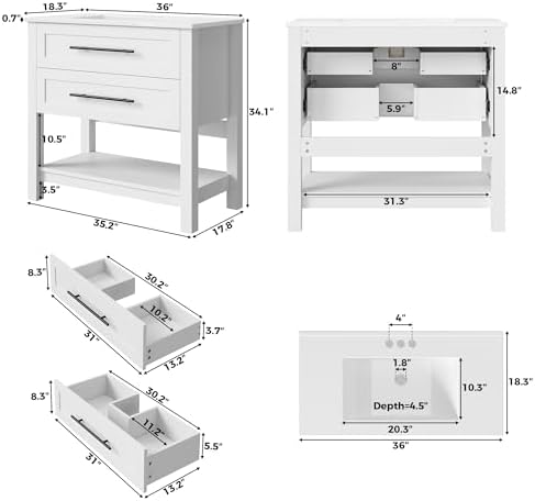 LIKIMIO 36" Bathroom Vanity with Sink, 2 Drawers & Open Shelf, White | Freestanding Bathroom Vanity, Integrated Ceramic Sink, U-Shaped Drawers, Modern Bathroom Storage Cabinet, Easy Assembly