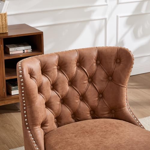 Kmax Accent Chair, Leather Slipper Chair with Button Tufted Wingback, Armless Living Room Chair with Nails Decorative Modern Side Chair for Bedroom Reception Small Space - Pu Brown, Black Legs