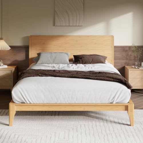 Merax Full Size Bamboo Platform Bed Frame with Tall Headboard, Natural