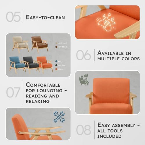 Lexicon Mid Century Modern Accent Chair with Natural Wood Frame, Orange