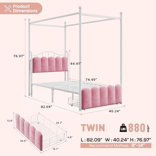 Homkdom Twin Canopy Bed Frame with Drawers and LED Lights & Charging,Pink
