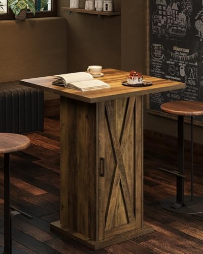 LITTLE TREE Bar Table with Storage Cabinet, 39.4" H Square High Top Pub Table, Wood Bistro Cocktail Table, Farmhouse Design with 3-Tier Cabinet for Pub, Bistro, Bar, Coffee, Dining Rustic Brown