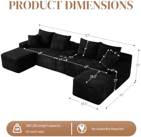 127" U Shaped Cloud Couch Modular Sectional Sofa, Comfy Fluffy Corduroy Black Boneless Sectional Couches for Living Room, Modern Cloud Sofas with Cup Holders & USB Port, Black