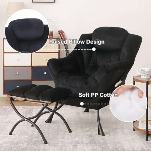 Tiita Lazy Chair with Ottoman, Comfy Reading Accent Chair, Velvet Black