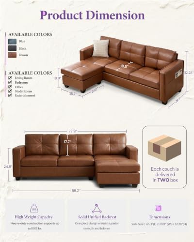 TYBOATLE Brown Sofa Couch Sectional Couches for Living Room, Comfy Faux Leather Modular Convertible L Shaped Sofas with USB & Ottoman, Leather Sectional with Side Pockets for RV Apartment Office