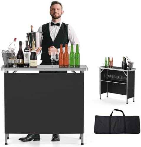 VINGLI Portable Bar Table, 2-Tier Shelves, Mobile Bar Table for Events, Party, Camping, Picnic, Tradeshow, Indoor with Black Skirt, 39 "L x 34" H
