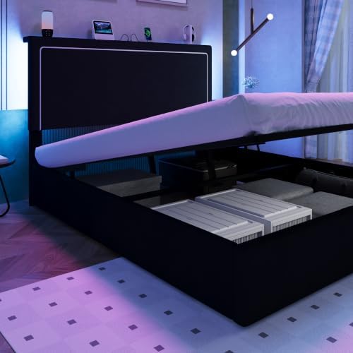 Allewie Queen Lift Up Storage Bed Frame with Charging Station, Black