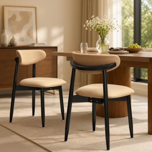 CHUN YI Dining Chairs Set of 6, Upholstered Solid Wood Dining Room Chairs, Mid Century Modern Fabric Kitchen Chairs with Ergonomic Curved Back, Khaki (Only Chairs)