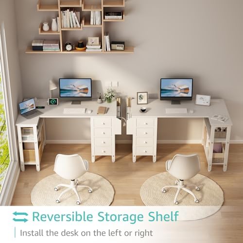 Lufeiya White L Shaped Computer Desk with Drawers & Storage Shelves, 47 Inch Corner Reversible Desk with Power Outlet for Home Office Bedroom, L-Shaped Teen PC Desks with Fabric Drawer, White