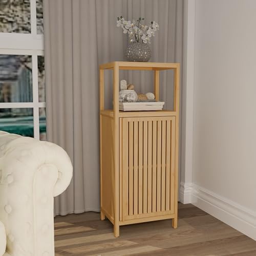 41" Tall Bamboo Storage Cabinet, Slim Freestanding Floor Organizer with Single Door & Open Shelf, Narrow Linen Tower for Bathroom, Bedroom, Kitchen, Laundry Room, Pantry, Small Space Storage Solution