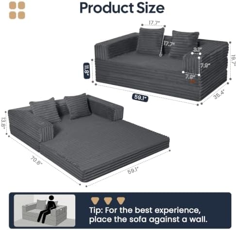 COMAX Boneless Futon Sofa Bed, 59" Small Low-Profile Floor Couch