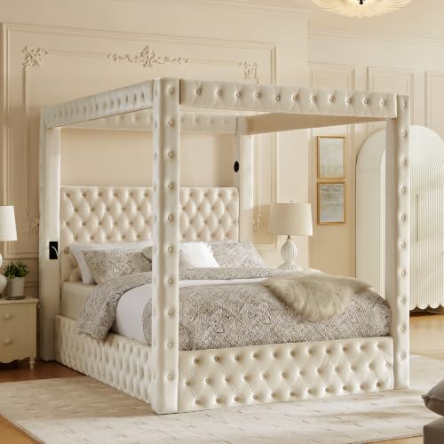 LUMISOL Canopy Bed Frame Queen Size, Velvet Upholstered Platform Bed with Button Tufted Headboard, Four Posters, Built-in Speaker and Charging Station, Heavy Duty Mattress Foundation, Beige