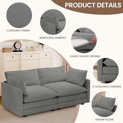 ROWHY 78'' Sectional 2 Seat Cloud Loveseat with 2 Throw Pillows, Modern Corduroy Love Seat, Cozy Sofa for Living Room, Office and Bedroom,Dark Grey