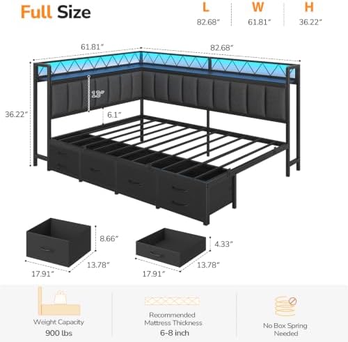 Full Corner Bed Frame with Storage Shelves, 6 Drawers,Charging Station,Grey