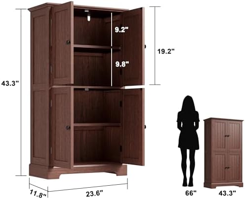 ChooChoo Bathroom Floor Cabinet with Adjustable Shelves | Bathroom Storage Cabinet, 4 Doors, Freestanding Cupboard for Living Room, Kitchen Pantry, Walnut