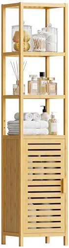 HITNET Bathroom Floor Cabinet, 6 Tier Tall Thin Linen Tower Storage Cabinet Free Standing Bamboo, Kitchen Side Organizer with 3 Shelves and Cupboard, Natural