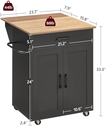 MAHANCRIS Kitchen Island on Wheels with Drop Leaf, Folding Countertop Kitchen Island Cart, Kitchen Islands Table with Towel Rack, Drawer, for Kitchen, Dining Room, Black and Natural KINB12501