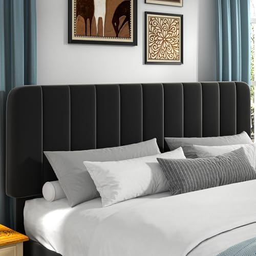 VECELO King Size Bed Frame with Upholstered Headboard, Velvet Platform Bedframe Mattress Foundation, Strong Wood Slat Support, No Box Spring Needed,Black