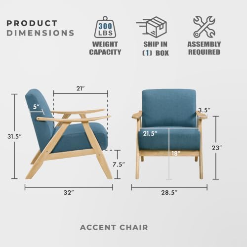 Lexicon Mid Century Modern Accent Chair with Natural Wood Frame, Blue