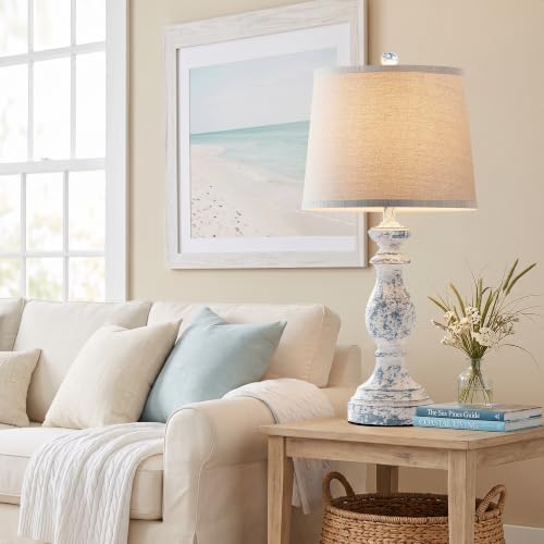 PARTPHONER Traditional Table Lamp Set of 2, Rustic Farmhouse Table Lamps for Living Room Bedroom, 27" Bedside Desk Lamps Vintage Nightstand Lamps with Linen Shades, Washed Blue