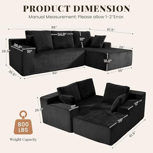 GRUSIGN Cloud Sectional Boneless Couches for Living Room, Modular L Shaped Couch with Deep Seat Oversized Right Facing Chaise, Memory Foam Compressed Spineless 3 Seater Sofa for Apartment, Black