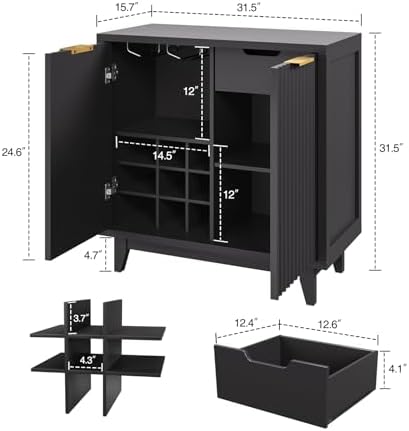 Vabches Modern Fluted Coffee Bar Cabinet with Removable Wine Rack, Black