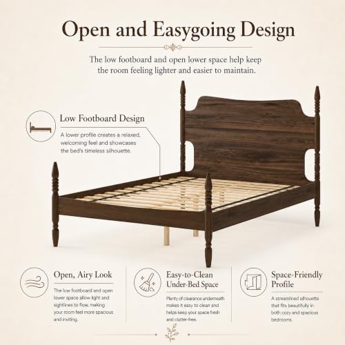 Queen Farmhouse Wood Platform Bed Frame with Headboard, Walnut Poster Bed