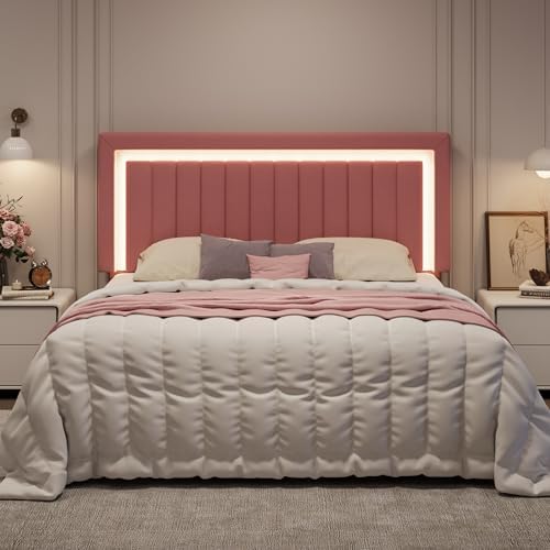 SHA CERLIN King Size Velvet Bed Frame with LED Light, Pink
