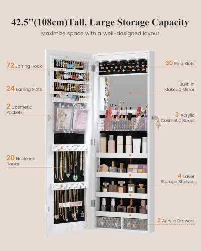 LVSOMT 42.5" Wall Mounted Jewelry Organizer with LED Mirror, White | Lockable Jewelry Cabinet for 30 Ring Slots, 96 Earring and 20 Necklace Hooks, Gift for Women, Girls