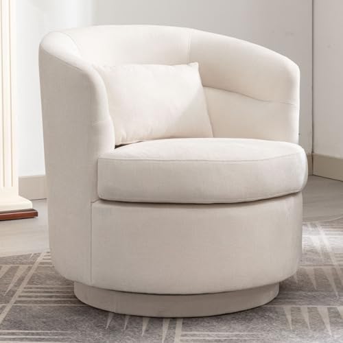 CANMOV Swivel Accent Chair, 360 Degree Round Swivel Barrel Chair with Pillow, Upholstered Comfy Barrel Armchair Single Club Sofa Chair for Living Room,Bedroom, Reading Room, Beige