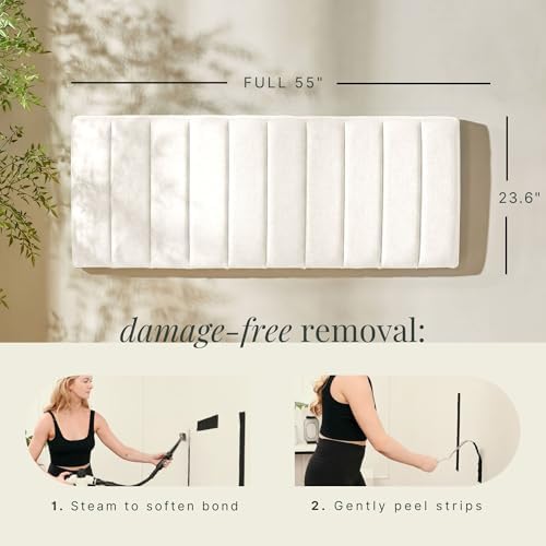 Nestl Upholstered Full Headboard - Easy Assemble Channel Stitched Headboard Full Size - Wall Mounted Headboards with 3D Soundproof Wall Panels Peel & Stick Floating Headboards, Off White