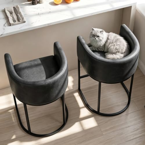 26" H Counter Height Bar Stools Set of 2, Modern Barrel Counter Stools with Backrest and Arms, Faux Leather Upholstered Accent Barstools for Kitchen Island,Support 450 LBS (Black)