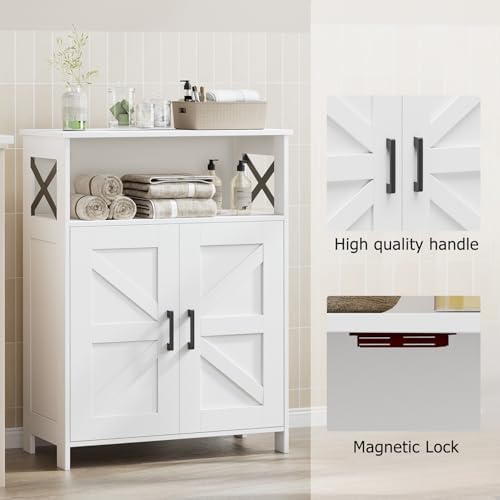 Homhedy Farmhouse Bathroom Storage Cabinet with Doors, Small Floor Cabinet | Toilet Paper Cabinet with Adjustable Shelf, Freestanding Storage Cabinet for Kitchen/Laundry/Living Room, 24"W, White