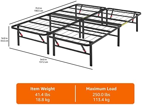 Amazon Basics Bed Frame with Ample Underbed Storage, Foldable Metal Platform, Sturdy Steel, No Box Spring Needed, 14 inches High, Noise-Free Support, Easy Assembly Tool-Free Setup, Full Size, Black