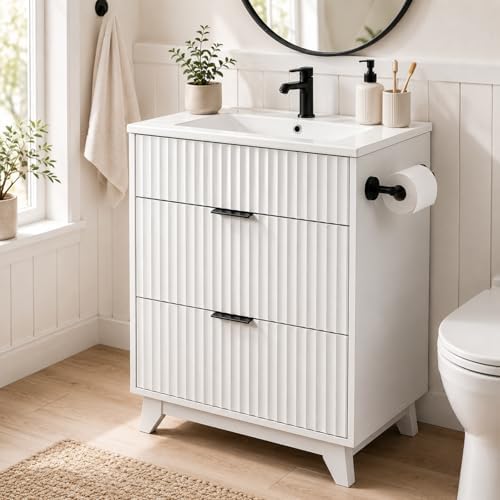 VINGLI 24 Inch Bathroom Vanity with Sink, White Bathroom Sink Cabinet with Fluted Drawers, Freestanding Modern Vanity Cabinet with Ceramic Basin, Black Handles & Side Toilet Paper Holder