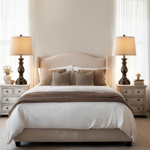 PARTPHONER Traditional Table Lamp Set of 2, Rustic Farmhouse Table Lamps for Living Room Bedroom, 27" Bedside Desk Lamps Vintage Nightstand Lamps with Linen Shades, Oil Rubbed Bronze