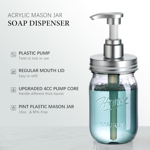 Amolliar Plastic Mason Jar Soap Dispenser with Pump Lid 16OZ -2 Pack Silver