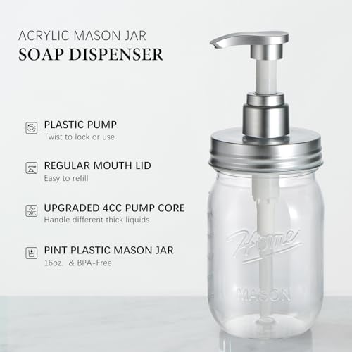 Amolliar Plastic Mason Jar Soap Dispenser with Pump Lid 16OZ - 2 Pack