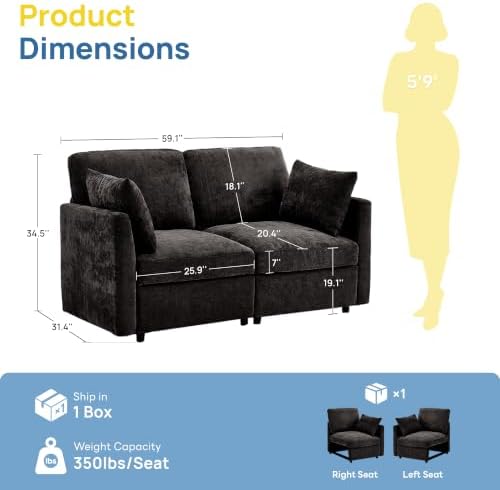 Iroomy Modular Sectional Loveseat Couch, Modern Chenille Sofa, Black