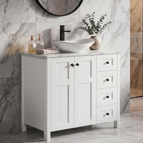 32 Inches White Bathroom Vanity with Marble Texture Top and 4 Drawers, with Marble Boat Ceramic Sink