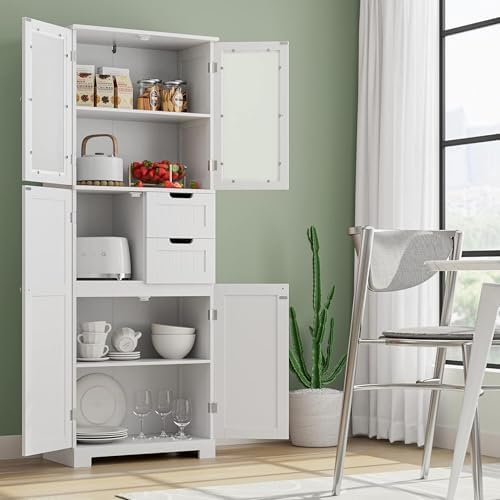 BOTLOG 67'' Tall Bathroom Storage Cabinet, Linen Cabinet with Glass Doors and Adjustable Shelves, Kitchen Pantry with 2 Drawers for Bathroom, Living Room, Dining Room, White | Frosted Glass Doors, Wood Drawers, Kitchen Pantry, Line Cabinet for Bathroom...