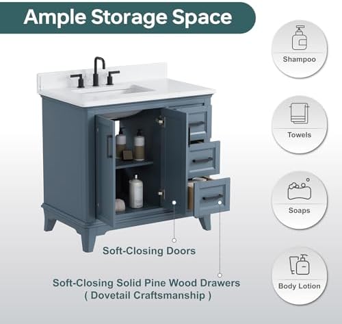 36" Bathroom Vanity with Sink, Fully Assembled, Steel Blue | Freestanding Solid Wood Bathroom Vanities with Quartz Countertop & Backsplash, Soft Close Doors & Dovetail Drawer